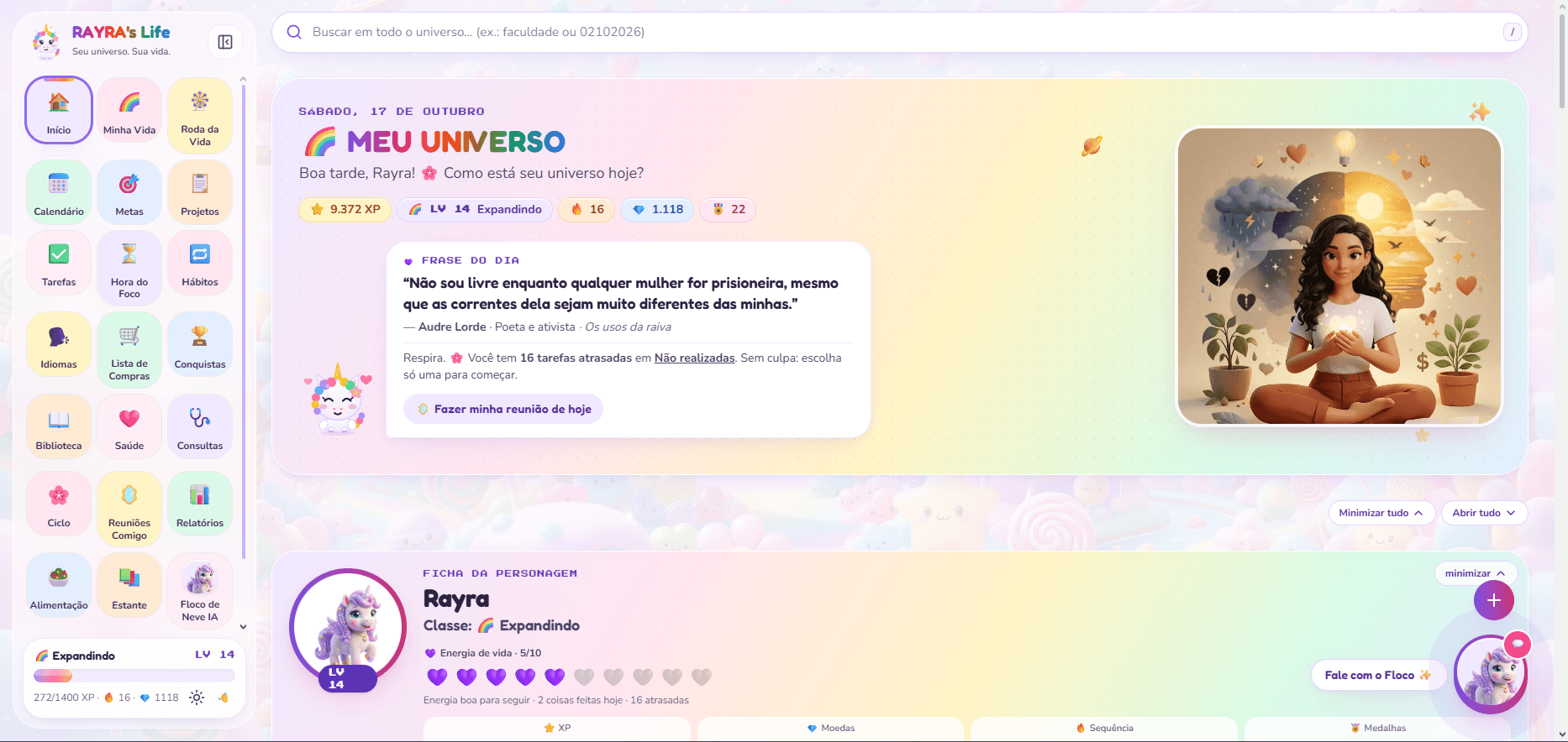 Tela inicial do Meu Universo com o resumo do dia, nível, XP e ficha da personagem
