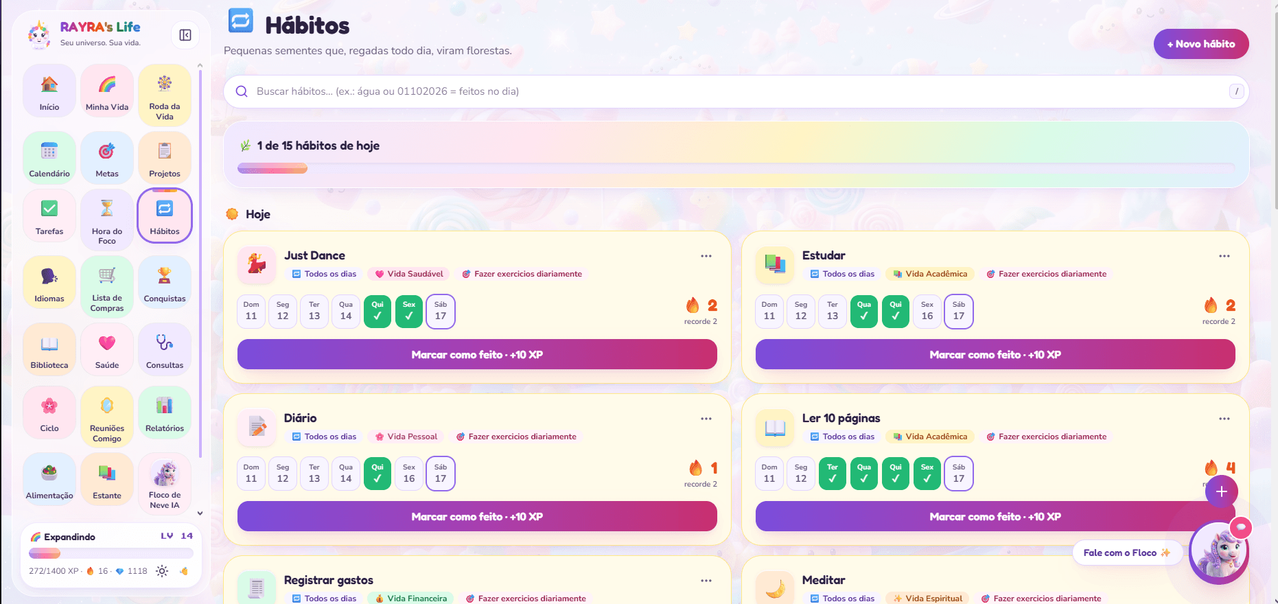 Hábitos do dia com sequência e metas diárias