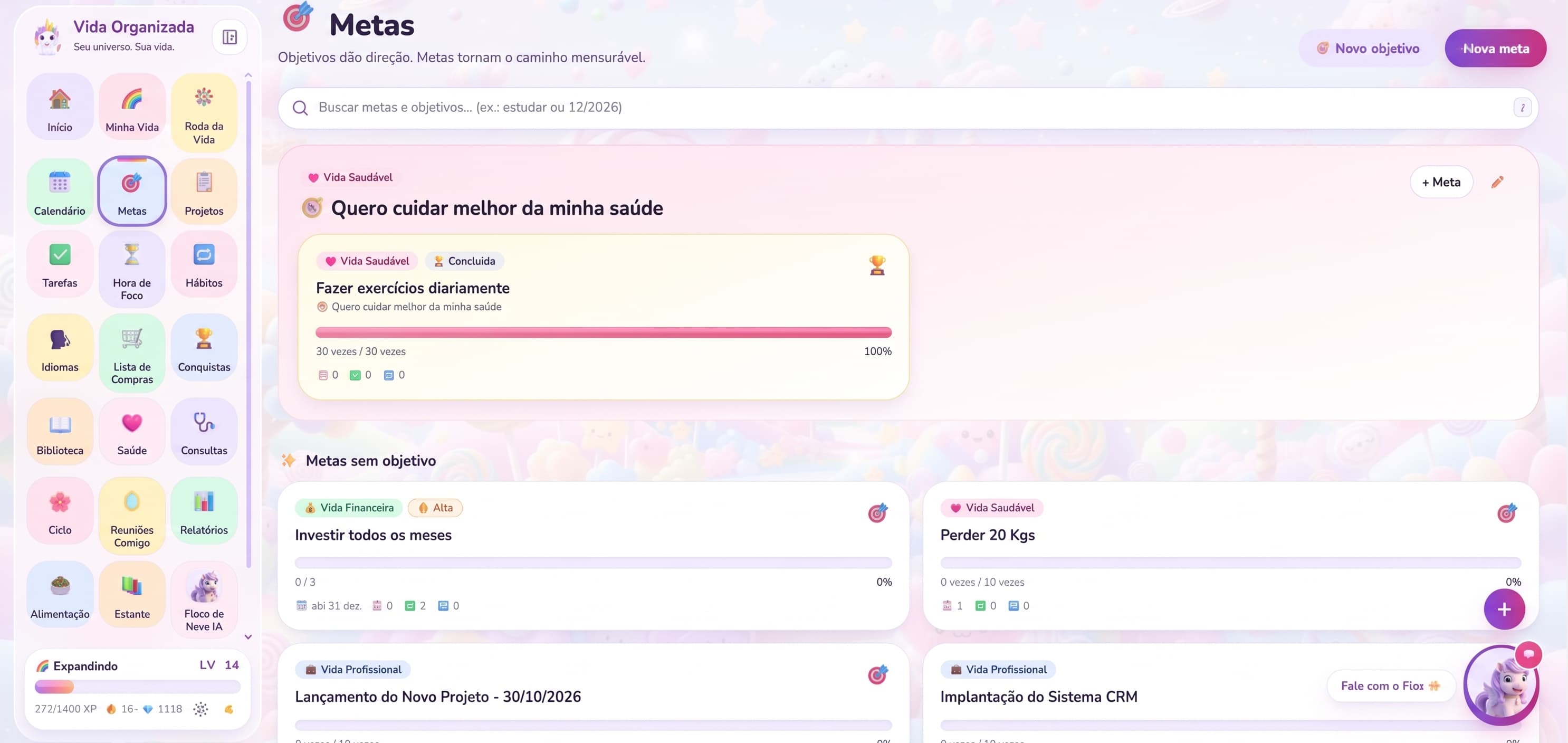 Metas com prazo, progresso e projetos ligados