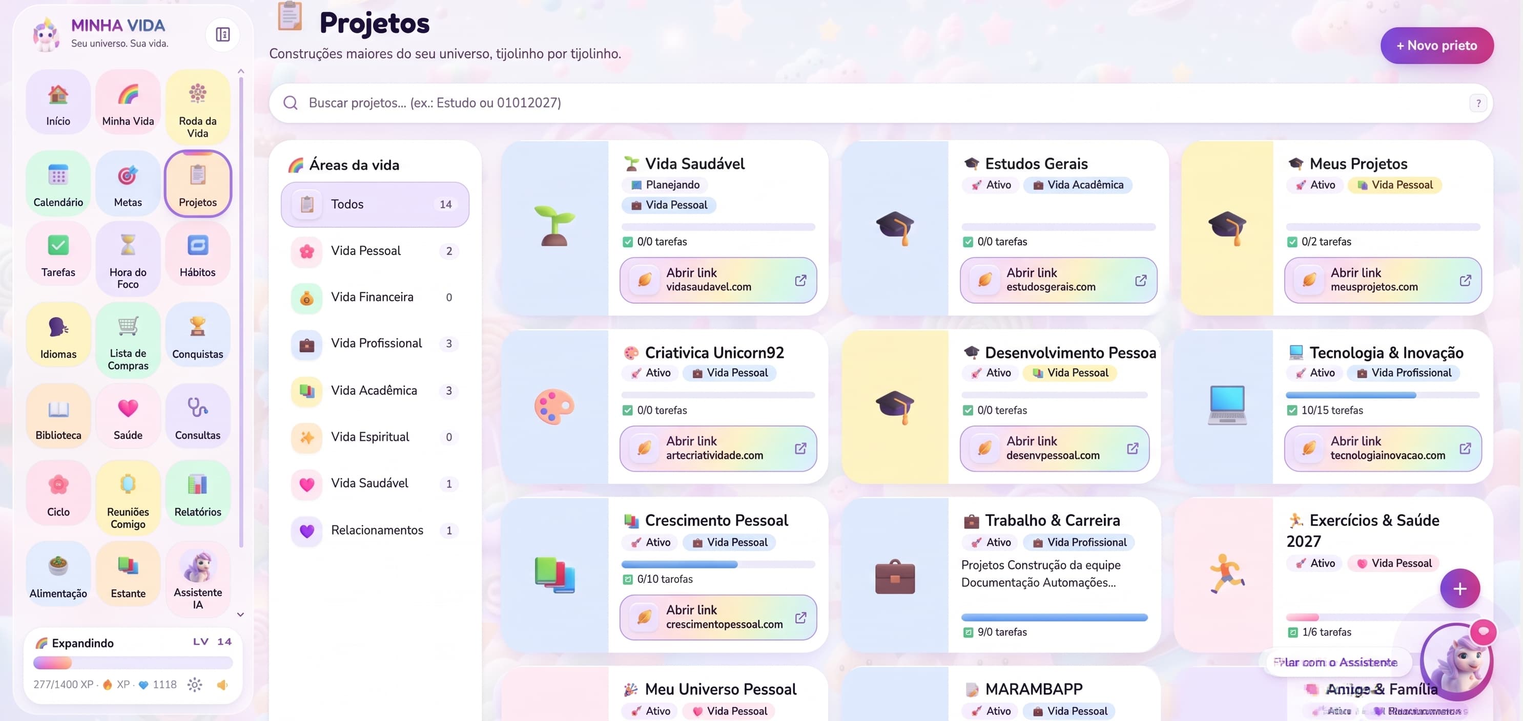 Projetos em cartões com foto, status e progresso