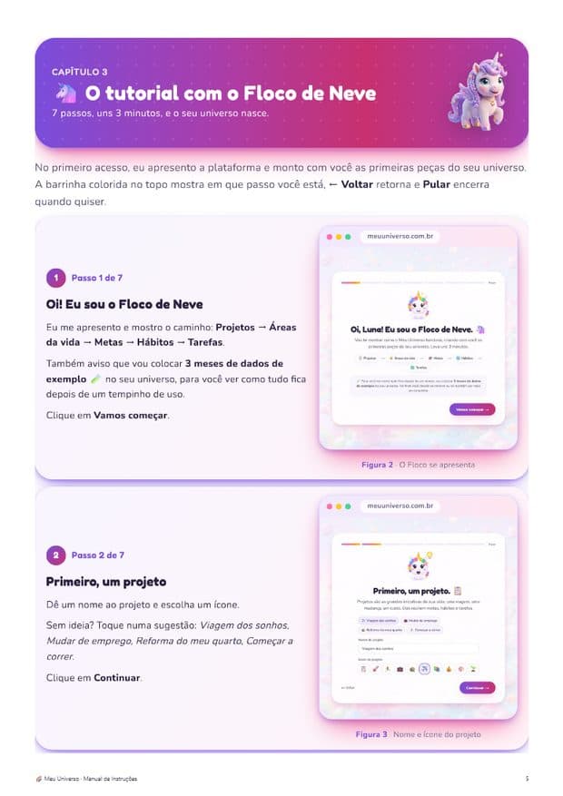 Página do manual com os passos do tutorial do Floco de Neve